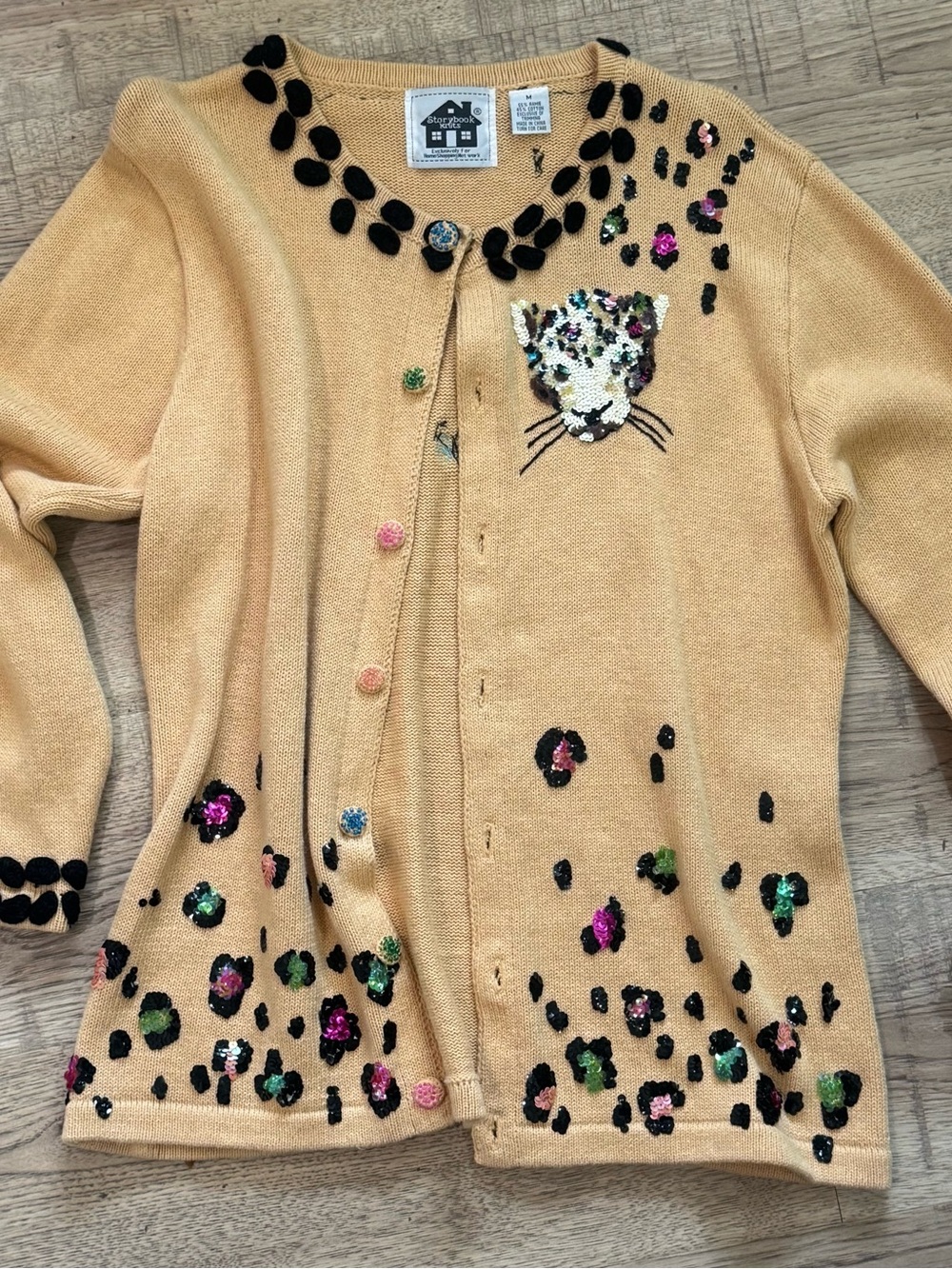 Storybook Knits Cream Cardigan with Sequin Leopard Motif - Picture 2 of 5